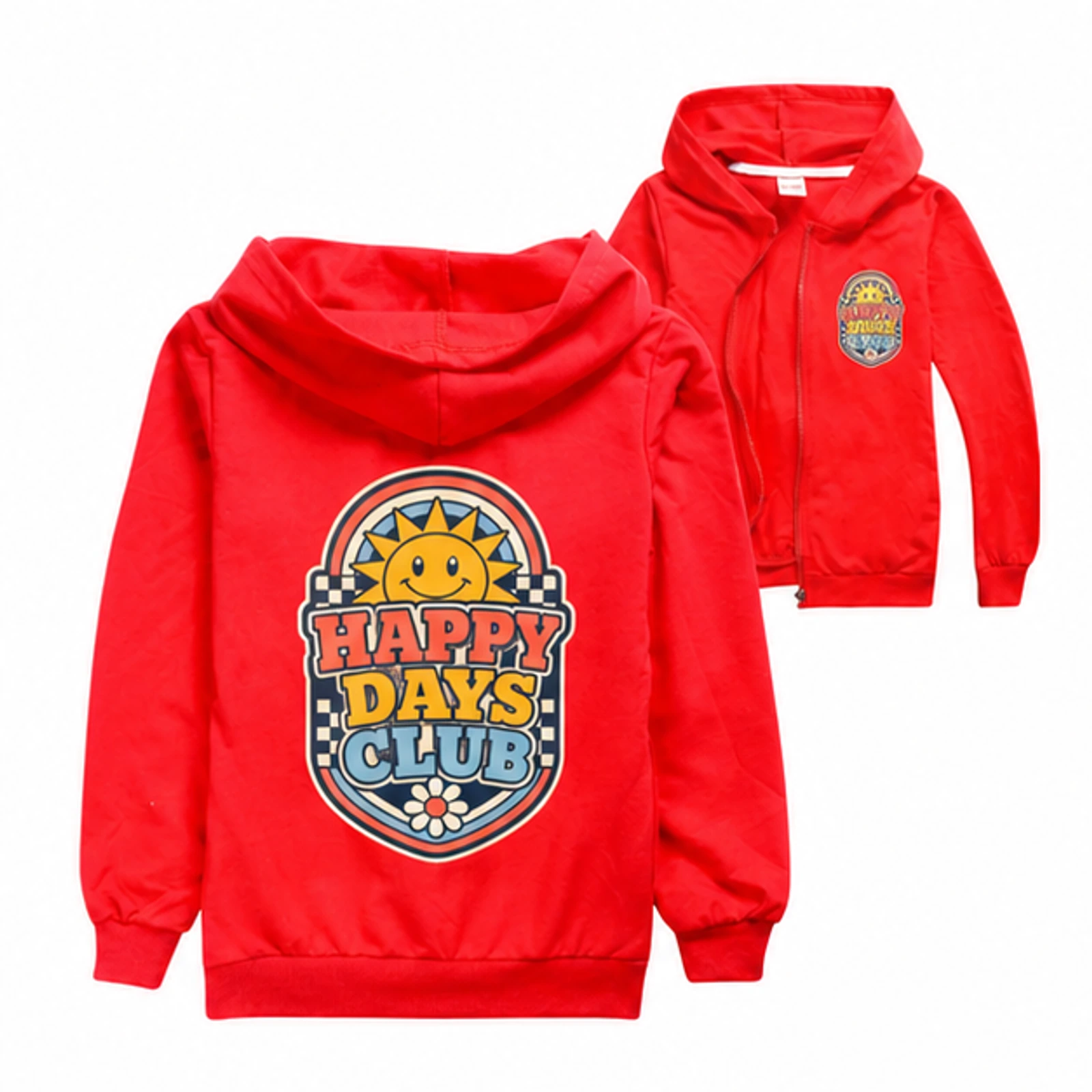 Happy Days Club Custom Kids Zip-Up Cardigan Jacket, AI-redrawn from the exact blank product and approved logo reference