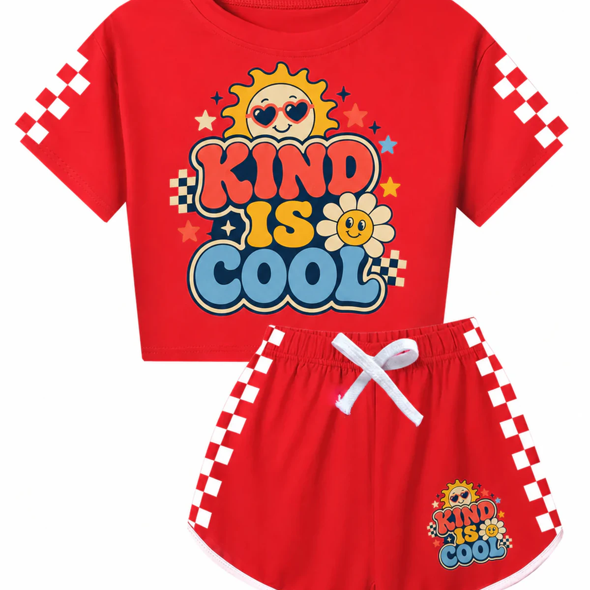 Kind Is Cool Custom Family Checker Short-Sleeve Top and Shorts Set AI-rendered from the exact blank product, showing integrated print and fabric detail
