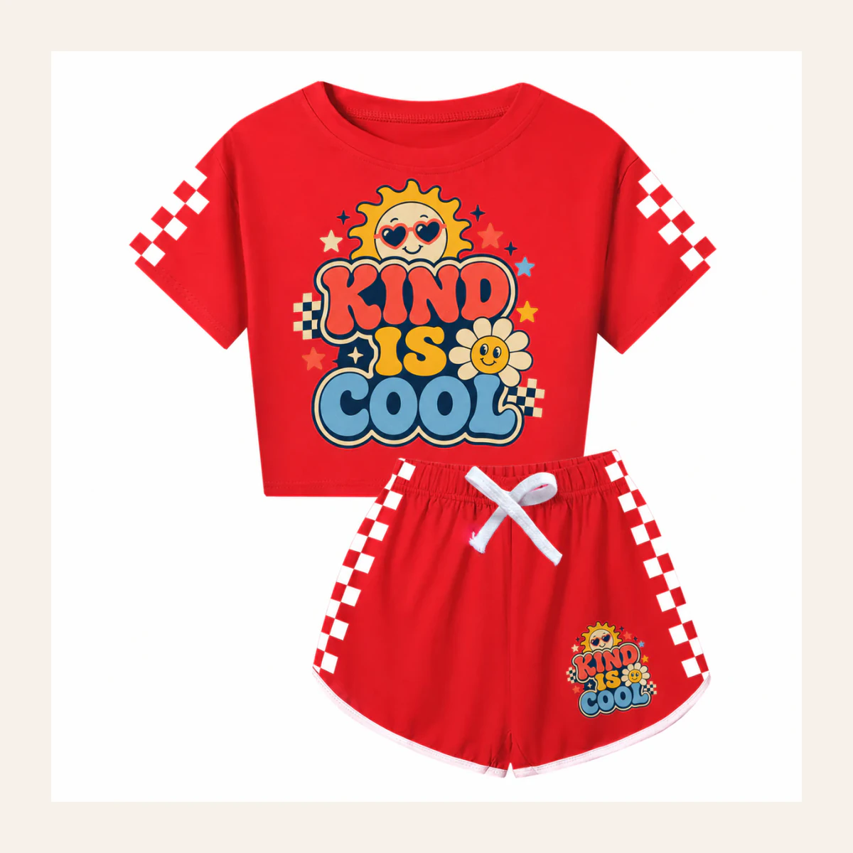 Kind Is Cool Custom Family Checker Short-Sleeve Top and Shorts Set AI-rendered from the exact blank product, shown in an alternate clean ecommerce presentation