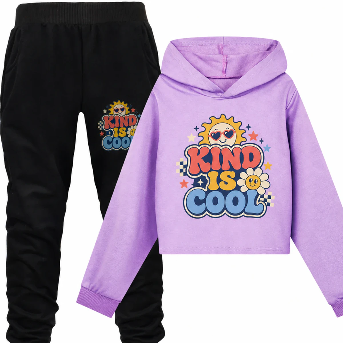 Kind Is Cool Custom Girls Cropped Hoodie and Pants Set AI-rendered from the exact blank product, showing integrated print and fabric detail
