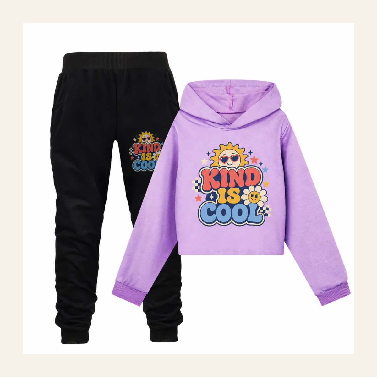 Kind Is Cool Custom Girls Cropped Hoodie and Pants Set AI-rendered from the exact blank product, shown in an alternate clean ecommerce presentation