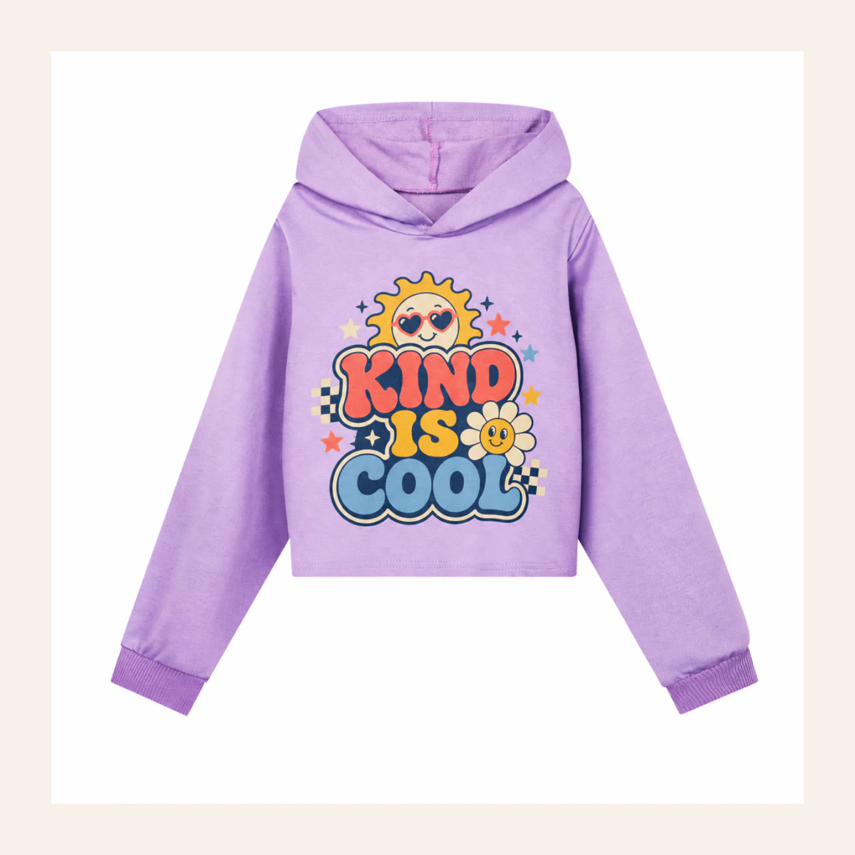 Kind Is Cool Custom Girls Cropped Hoodie AI-rendered from the exact blank product, shown in an alternate clean ecommerce presentation