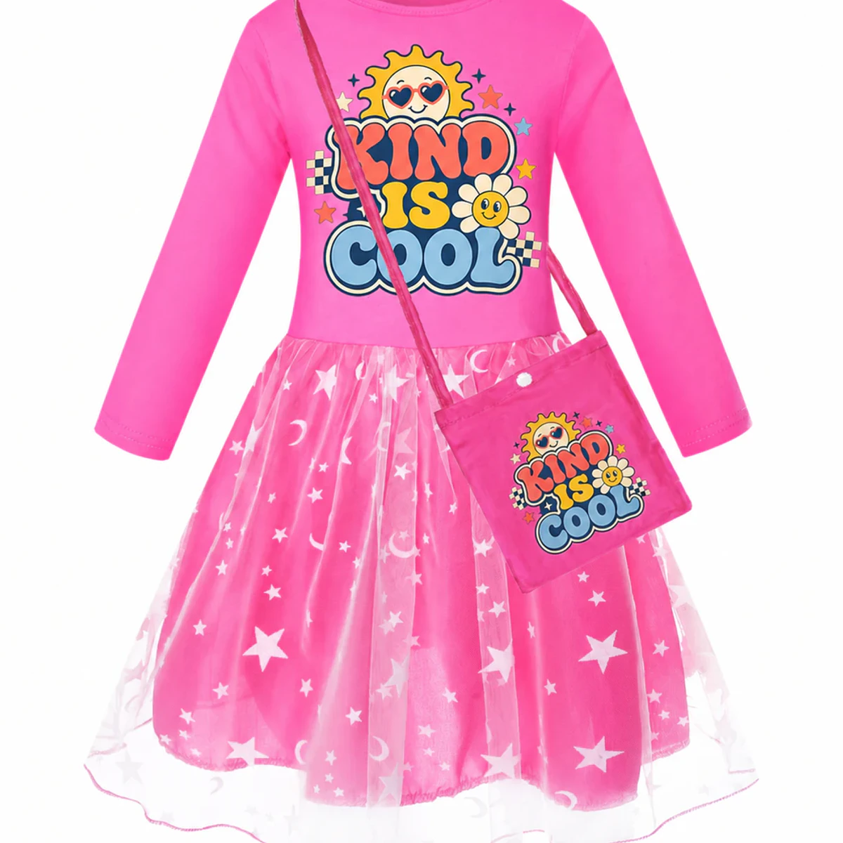 Kind Is Cool Custom Girls Long Tulle and Star Skirt Styles with Bag AI-rendered from the exact blank product, showing integrated print and fabric detail