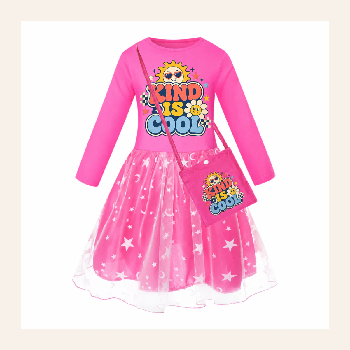 Kind Is Cool Custom Girls Long Tulle and Star Skirt Styles with Bag AI-rendered from the exact blank product, shown in an alternate clean ecommerce presentation