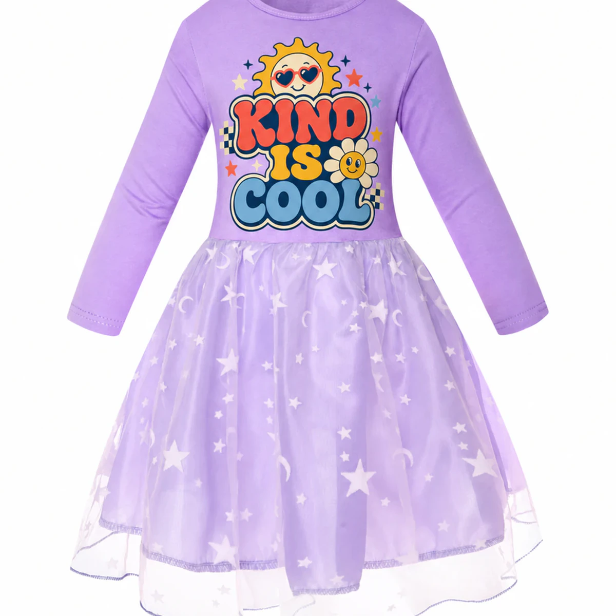 Kind Is Cool Custom Girls Long Tulle and Star Skirt Styles AI-rendered from the exact blank product, showing integrated print and fabric detail