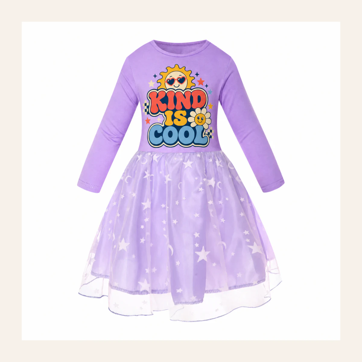 Kind Is Cool Custom Girls Long Tulle and Star Skirt Styles AI-rendered from the exact blank product, shown in an alternate clean ecommerce presentation