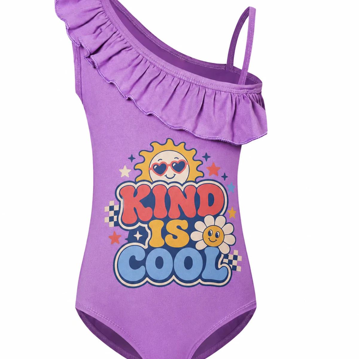 Kind Is Cool Custom Girls Asymmetric-Ruffle One-Piece Swimsuit AI-rendered from the exact blank product, showing integrated print and fabric detail