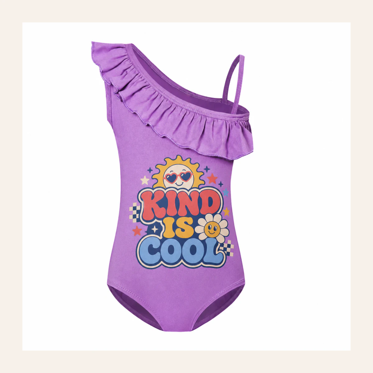Kind Is Cool Custom Girls Asymmetric-Ruffle One-Piece Swimsuit AI-rendered from the exact blank product, shown in an alternate clean ecommerce presentation
