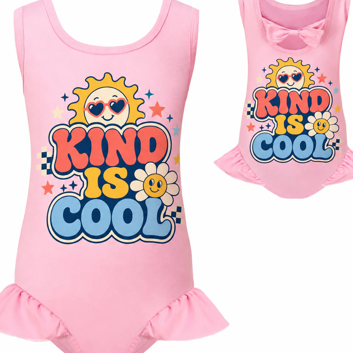 Kind Is Cool Custom Girls Wide-Strap Bow-Back One-Piece Swimsuit AI-rendered from the exact blank product, showing integrated print and fabric detail