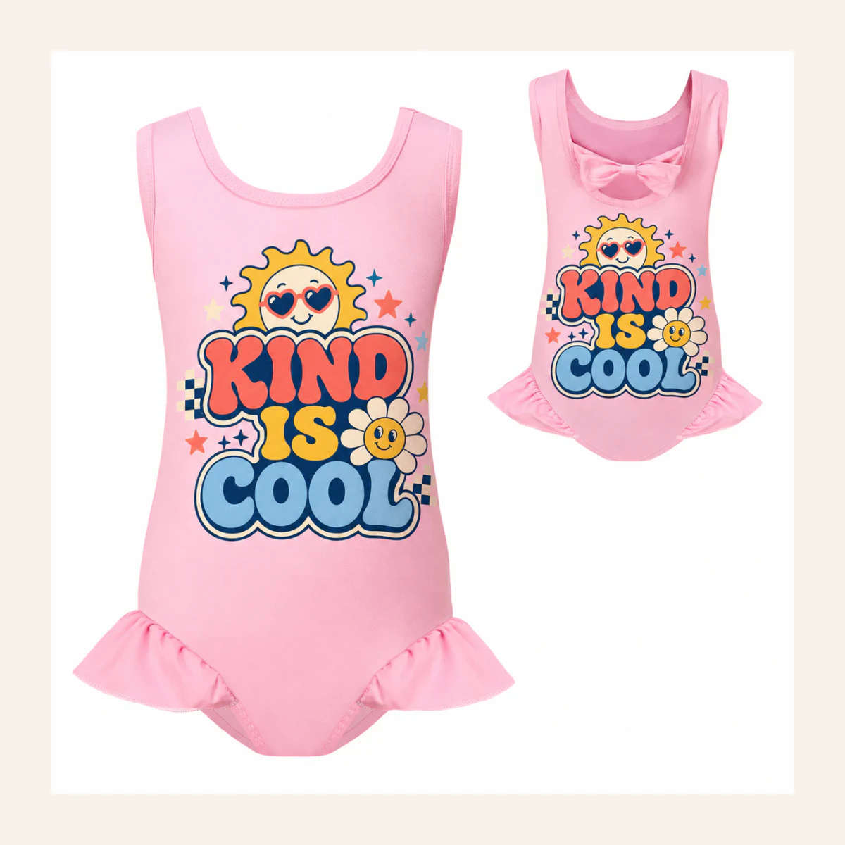 Kind Is Cool Custom Girls Wide-Strap Bow-Back One-Piece Swimsuit AI-rendered from the exact blank product, shown in an alternate clean ecommerce presentation