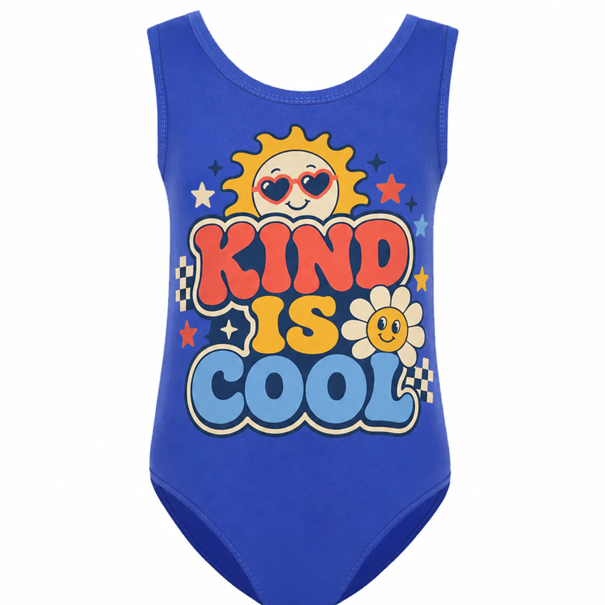 Kind Is Cool Custom Girls Ruffle-Hem One-Piece Swimsuit AI-rendered from the exact blank product, showing integrated print and fabric detail