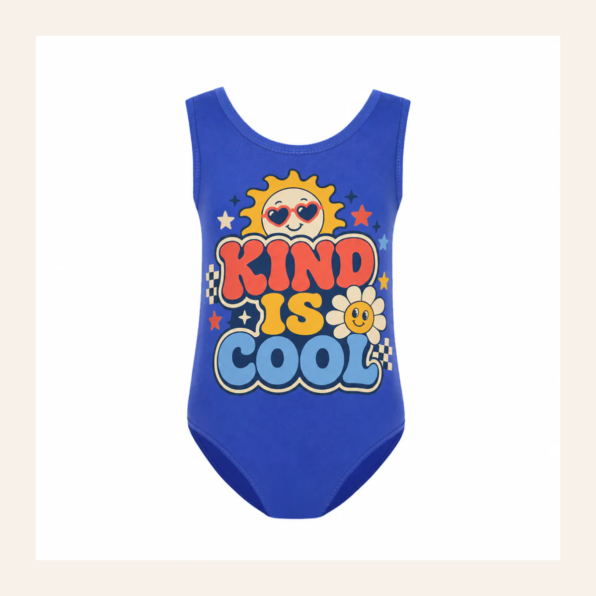 Kind Is Cool Custom Girls Ruffle-Hem One-Piece Swimsuit AI-rendered from the exact blank product, shown in an alternate clean ecommerce presentation