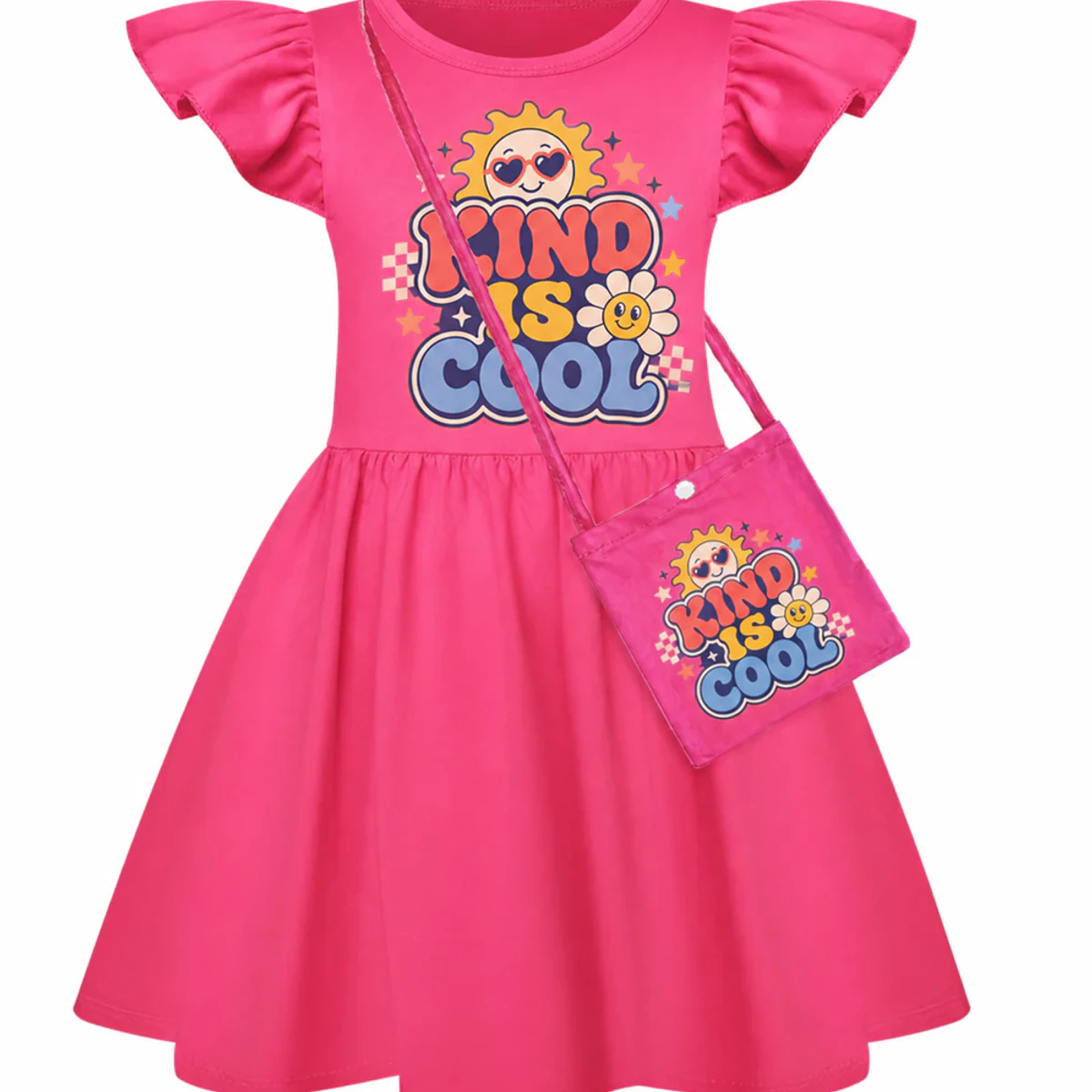 Kind Is Cool Custom Girls Short-Sleeve Sleep Dress with Crossbody Bag AI-rendered from the exact blank product, showing integrated print and fabric detail