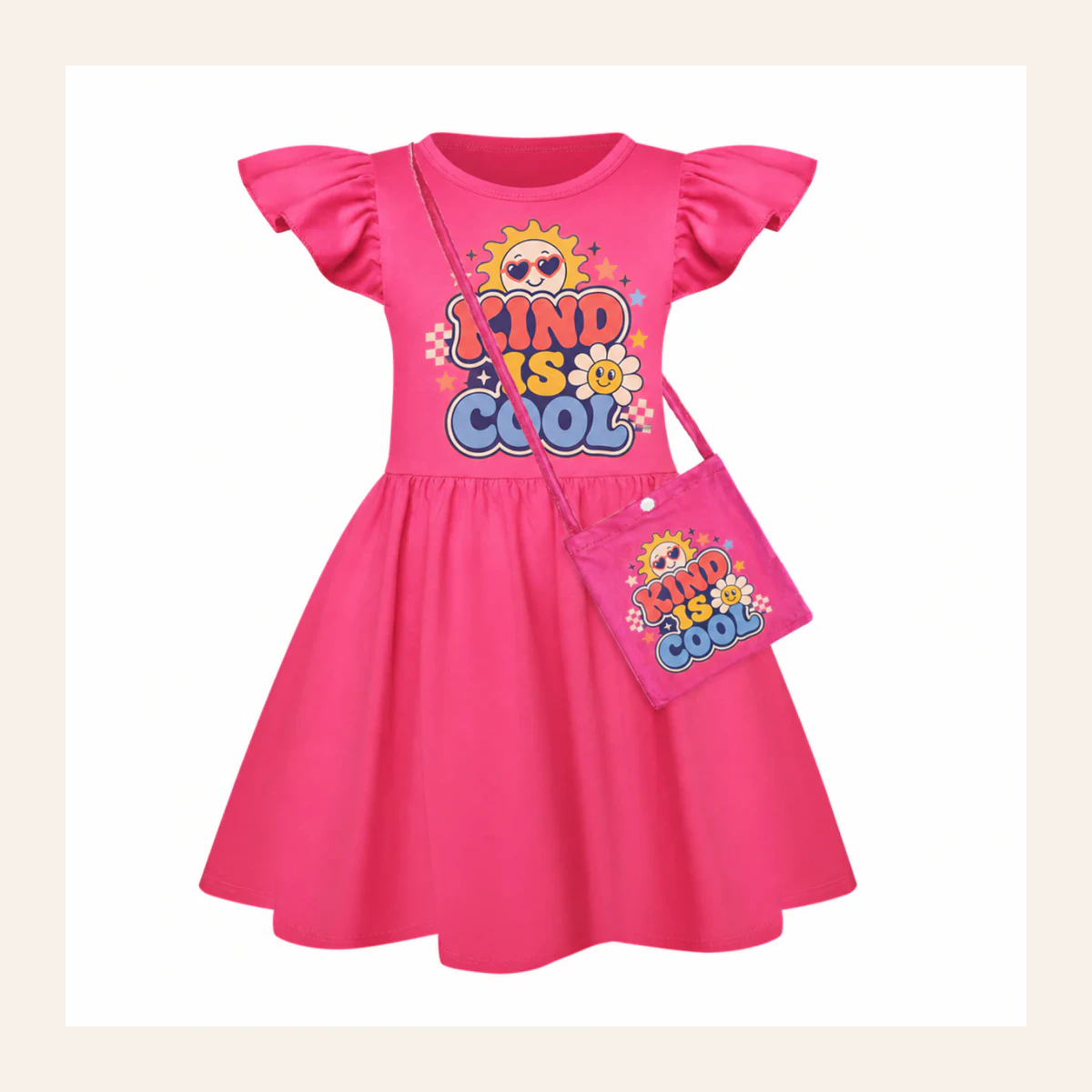 Kind Is Cool Custom Girls Short-Sleeve Sleep Dress with Crossbody Bag AI-rendered from the exact blank product, shown in an alternate clean ecommerce presentation