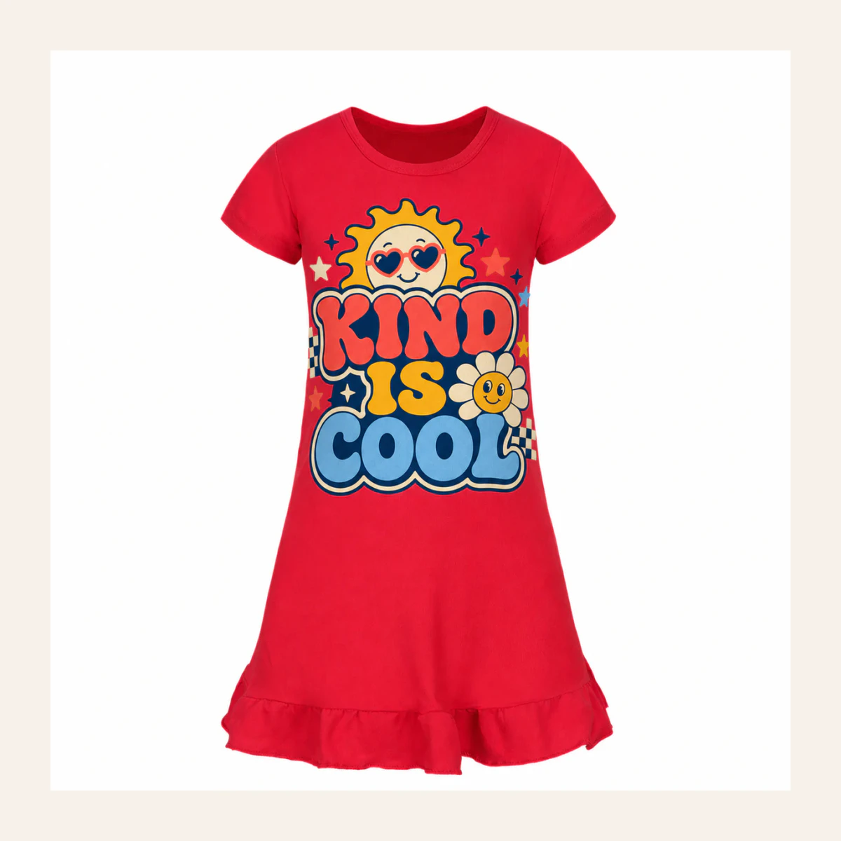 Kind Is Cool Custom Girls Short-Sleeve Sleep Dress AI-rendered from the exact blank product, shown in an alternate clean ecommerce presentation