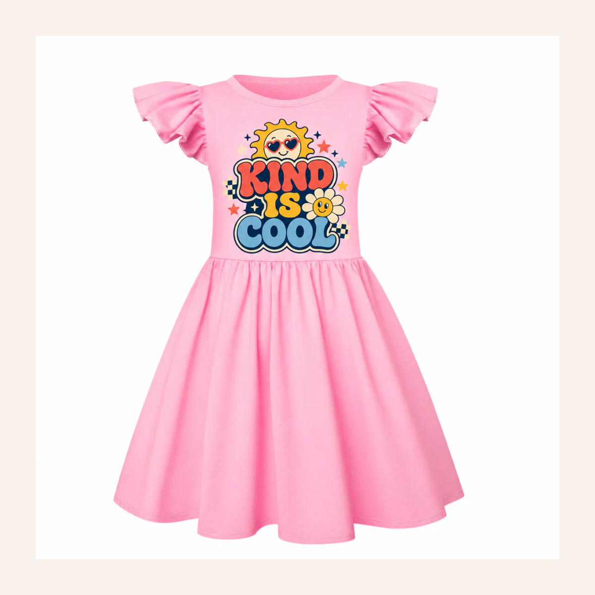 Kind Is Cool Custom Girls Short-Sleeve Sleep Dress with Matching Bag AI-rendered from the exact blank product, shown in an alternate clean ecommerce presentation