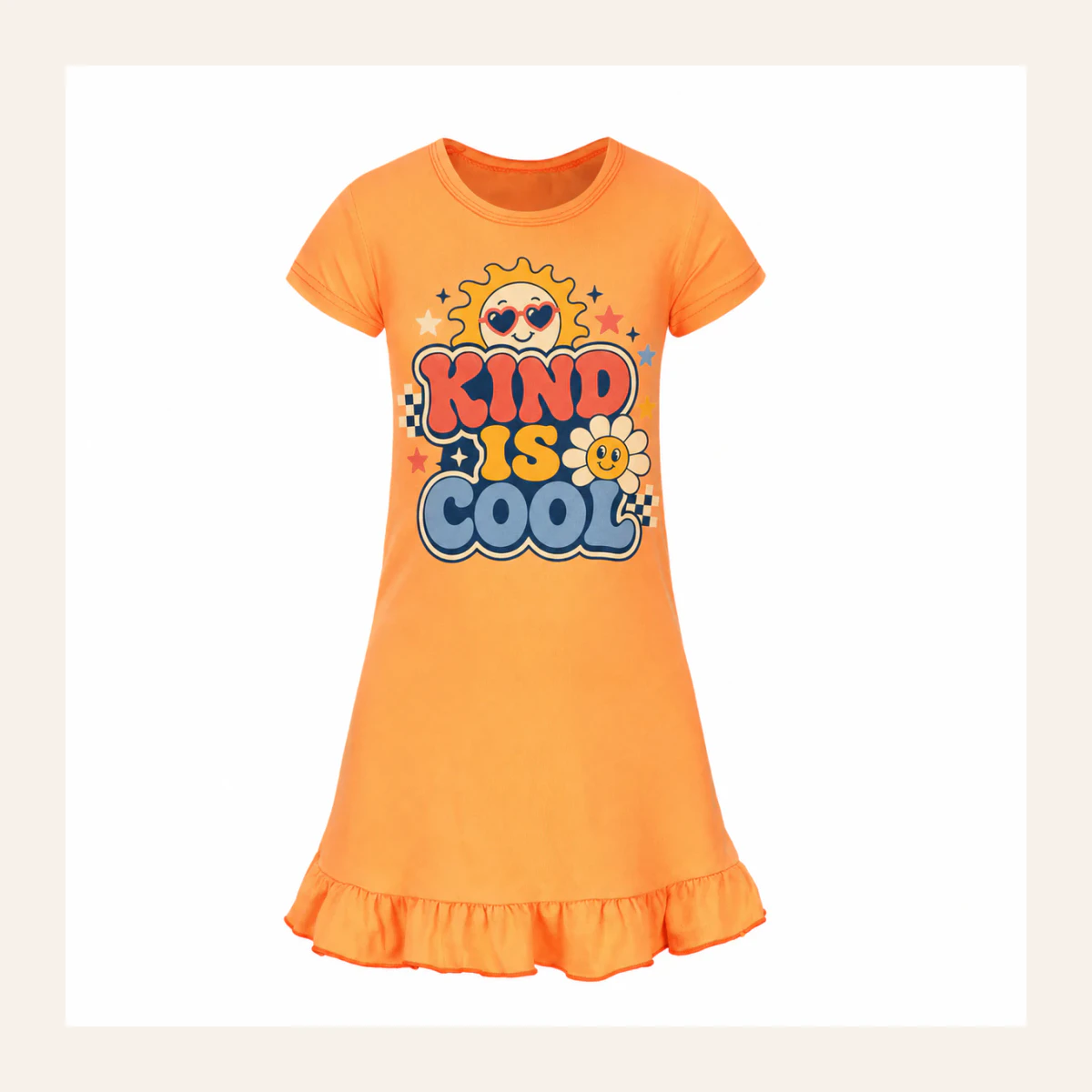 Kind Is Cool Custom Girls Short-Sleeve Sleep Dress AI-rendered from the exact blank product, shown in an alternate clean ecommerce presentation