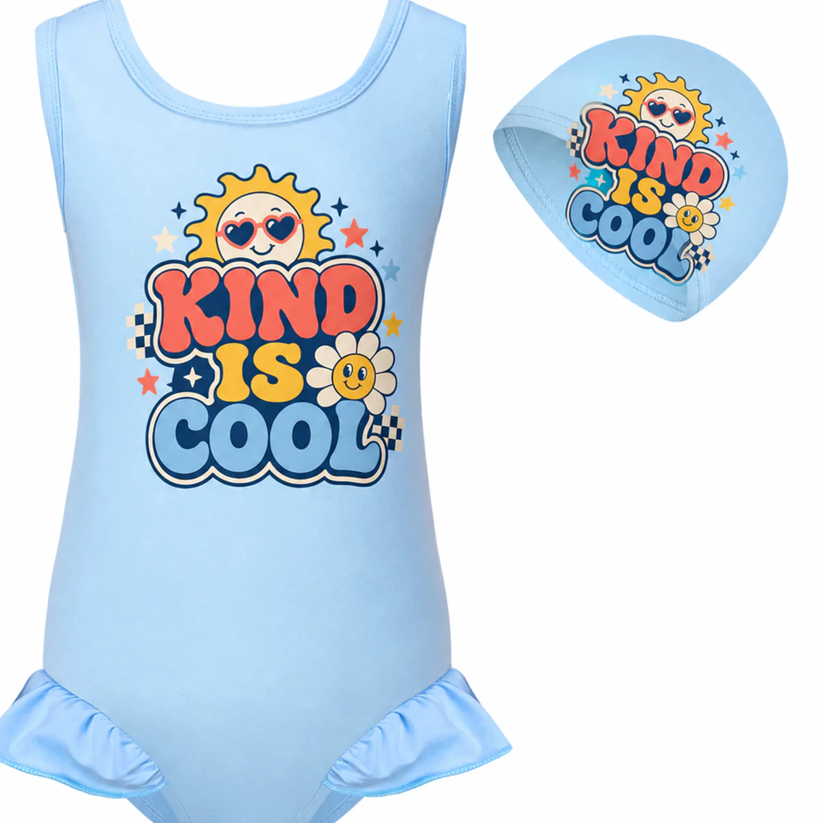 Kind Is Cool Custom Girls Wide-Strap Swimsuit and Cap Set AI-rendered from the exact blank product, showing integrated print and fabric detail