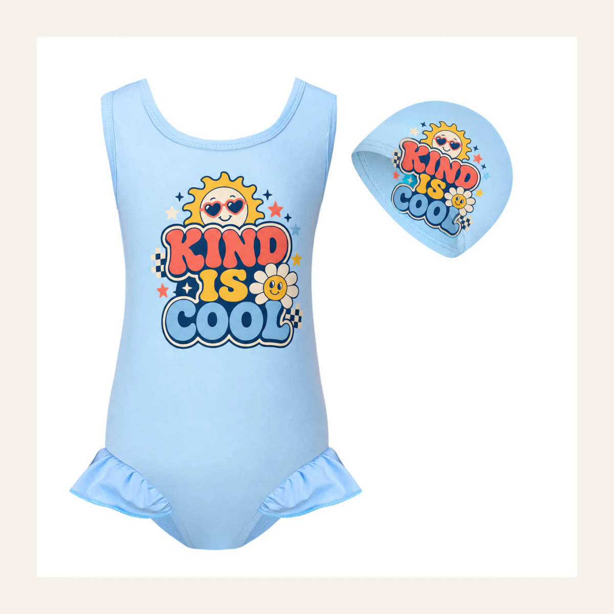 Kind Is Cool Custom Girls Wide-Strap Swimsuit and Cap Set AI-rendered from the exact blank product, shown in an alternate clean ecommerce presentation