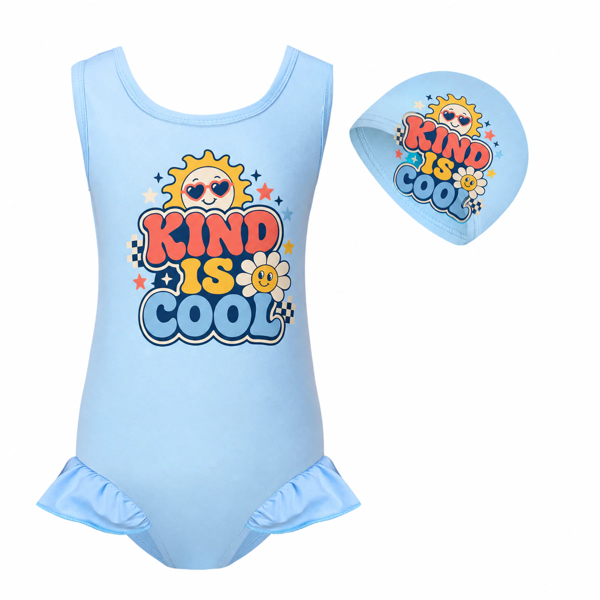 Kind Is Cool Girls Wide-Strap Swimsuit and Cap Set for Kids product preview