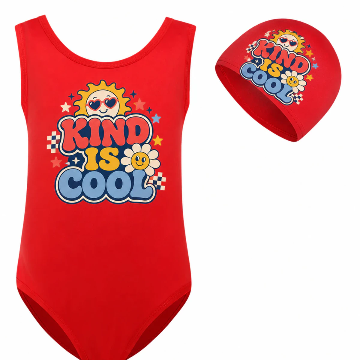 Kind Is Cool Custom Girls Ruffle Swimsuit and Cap Set AI-rendered from the exact blank product, showing integrated print and fabric detail