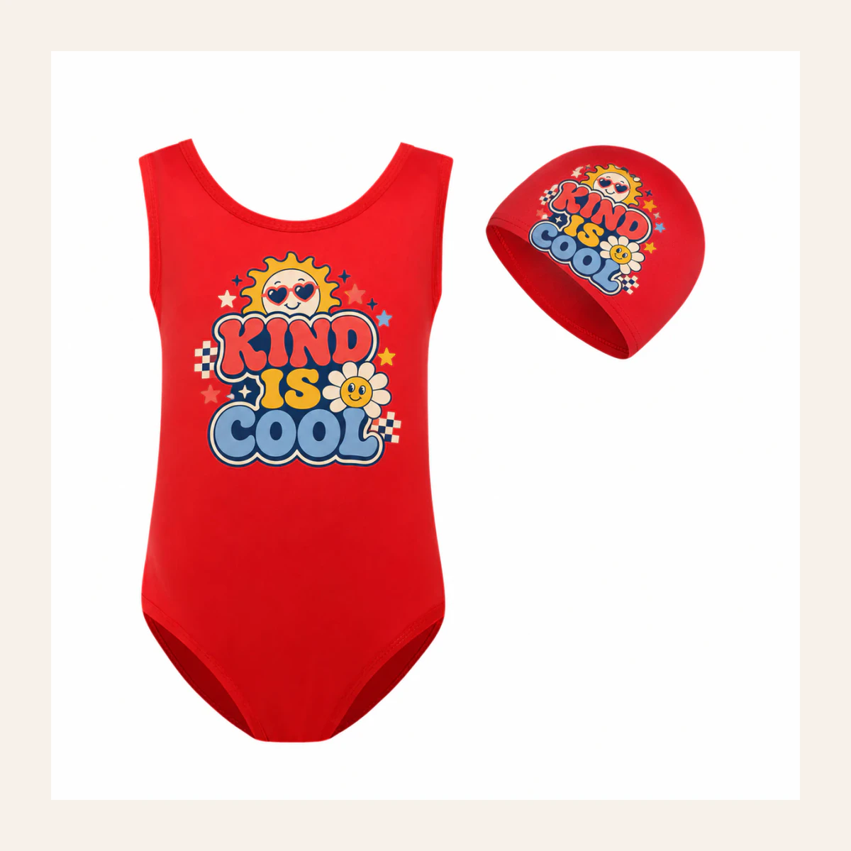 Kind Is Cool Custom Girls Ruffle Swimsuit and Cap Set AI-rendered from the exact blank product, shown in an alternate clean ecommerce presentation