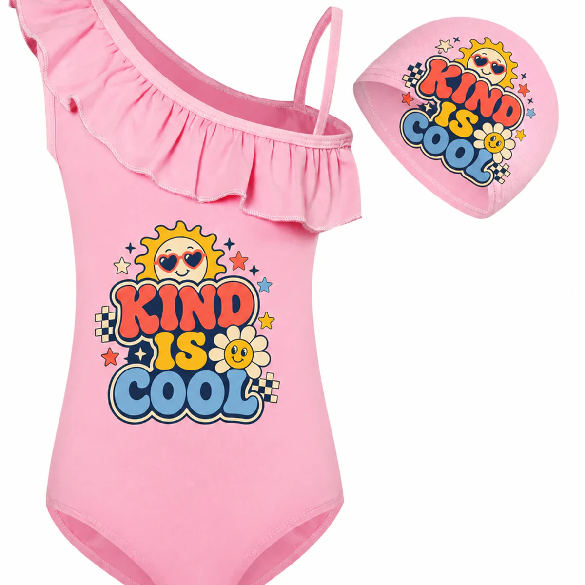 Kind Is Cool Custom Girls Asymmetric-Ruffle Swimsuit and Cap Set AI-rendered from the exact blank product, showing integrated print and fabric detail