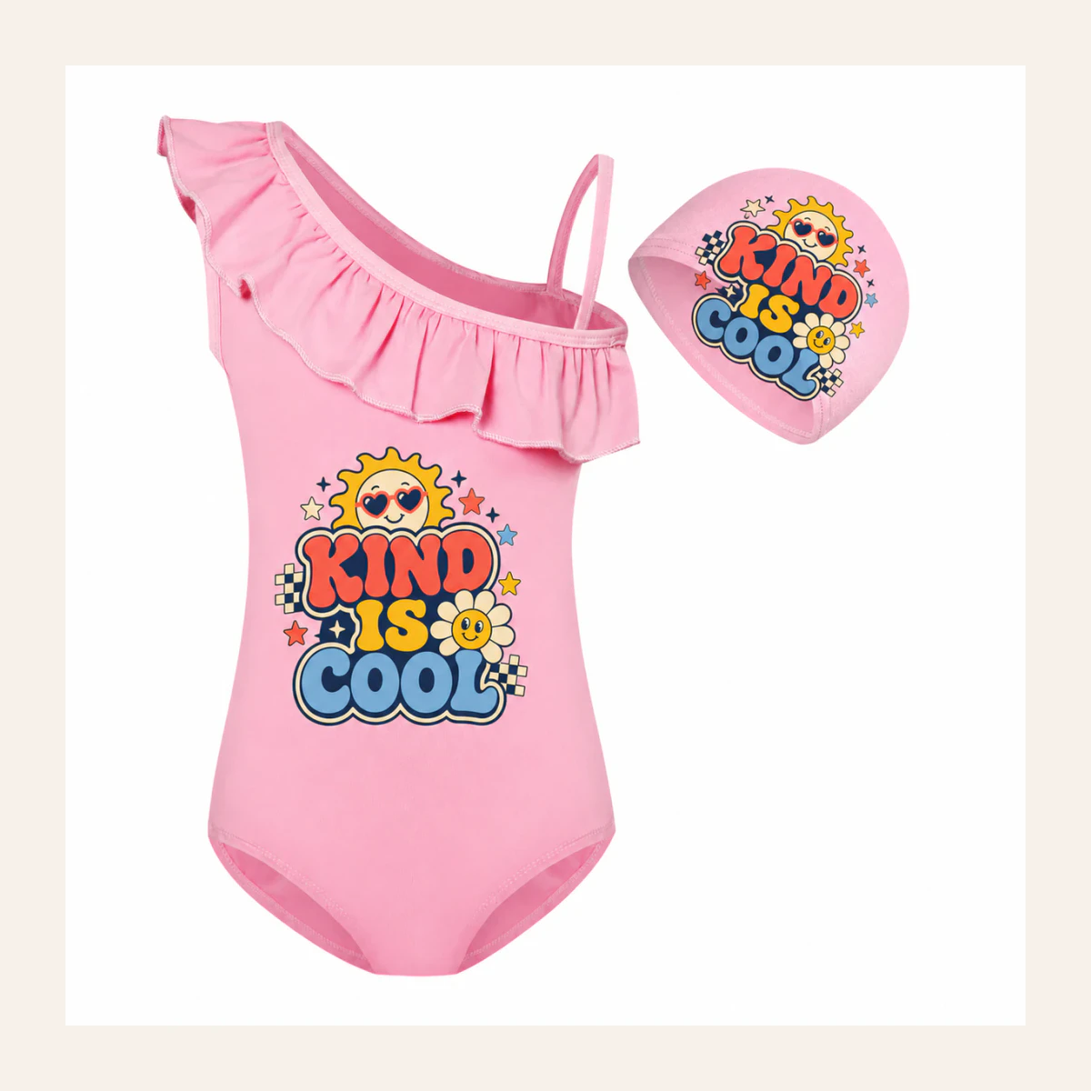 Kind Is Cool Custom Girls Asymmetric-Ruffle Swimsuit and Cap Set AI-rendered from the exact blank product, shown in an alternate clean ecommerce presentation