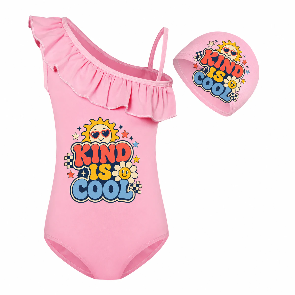 Kind Is Cool Girls Asymmetric-Ruffle Swimsuit and Cap Set for Kids product preview