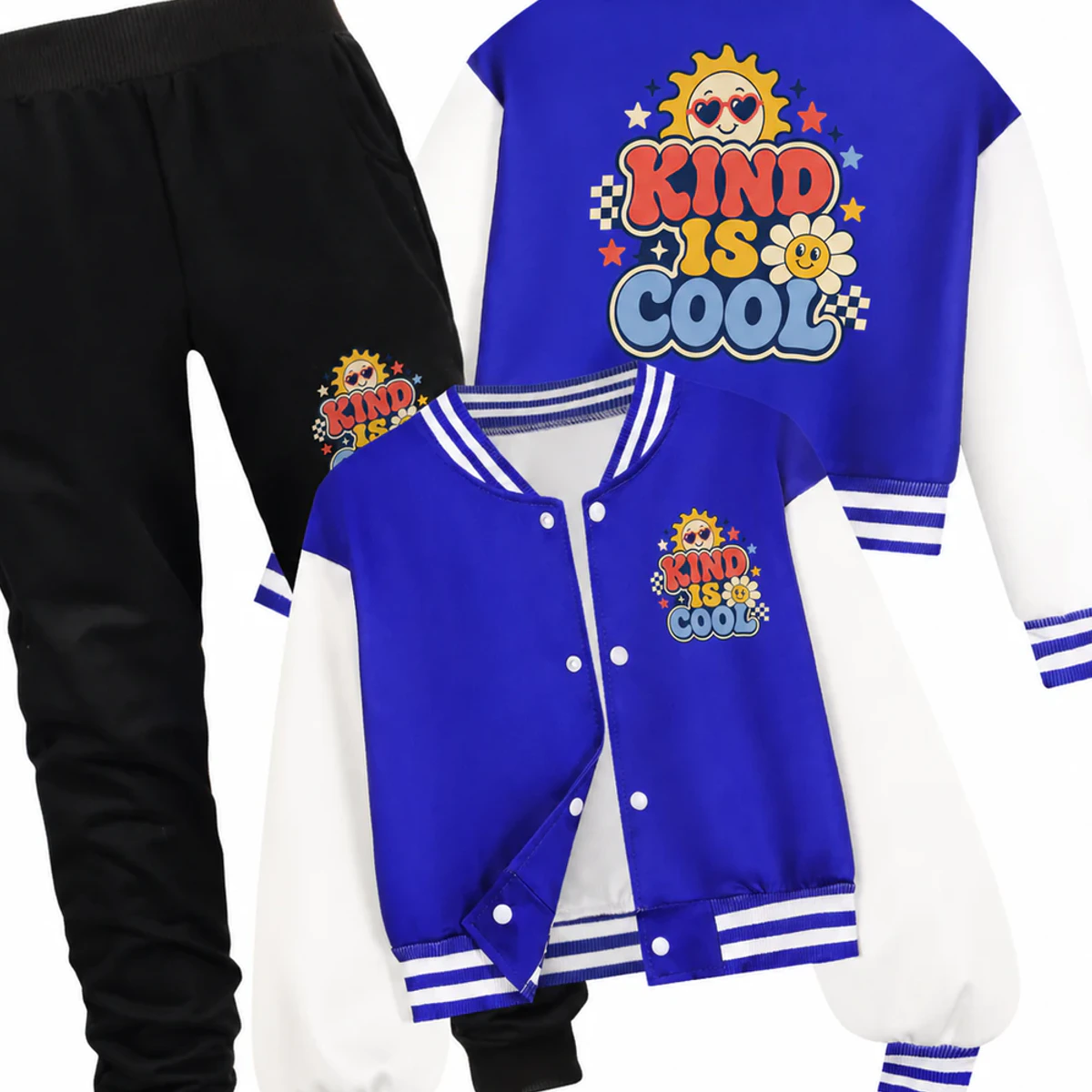 Kind Is Cool Custom Kids Baseball Jacket and Pants Set AI-rendered from the exact blank product, showing integrated print and fabric detail