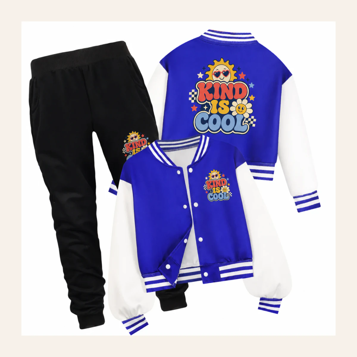 Kind Is Cool Custom Kids Baseball Jacket and Pants Set AI-rendered from the exact blank product, shown in an alternate clean ecommerce presentation