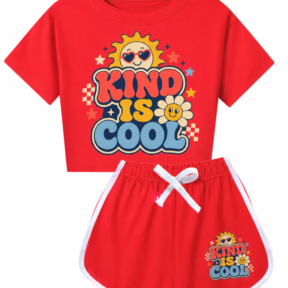 Kind Is Cool Custom Kids Checker Short-Sleeve Top and Shorts Set AI-rendered from the exact blank product, showing integrated print and fabric detail