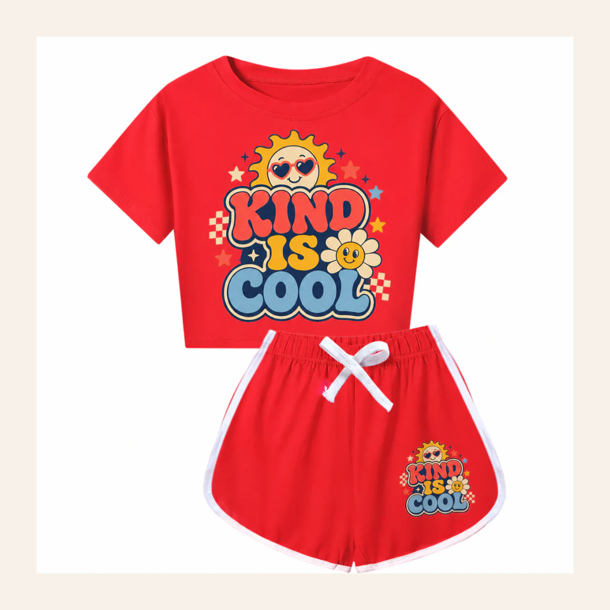 Kind Is Cool Custom Kids Checker Short-Sleeve Top and Shorts Set AI-rendered from the exact blank product, shown in an alternate clean ecommerce presentation