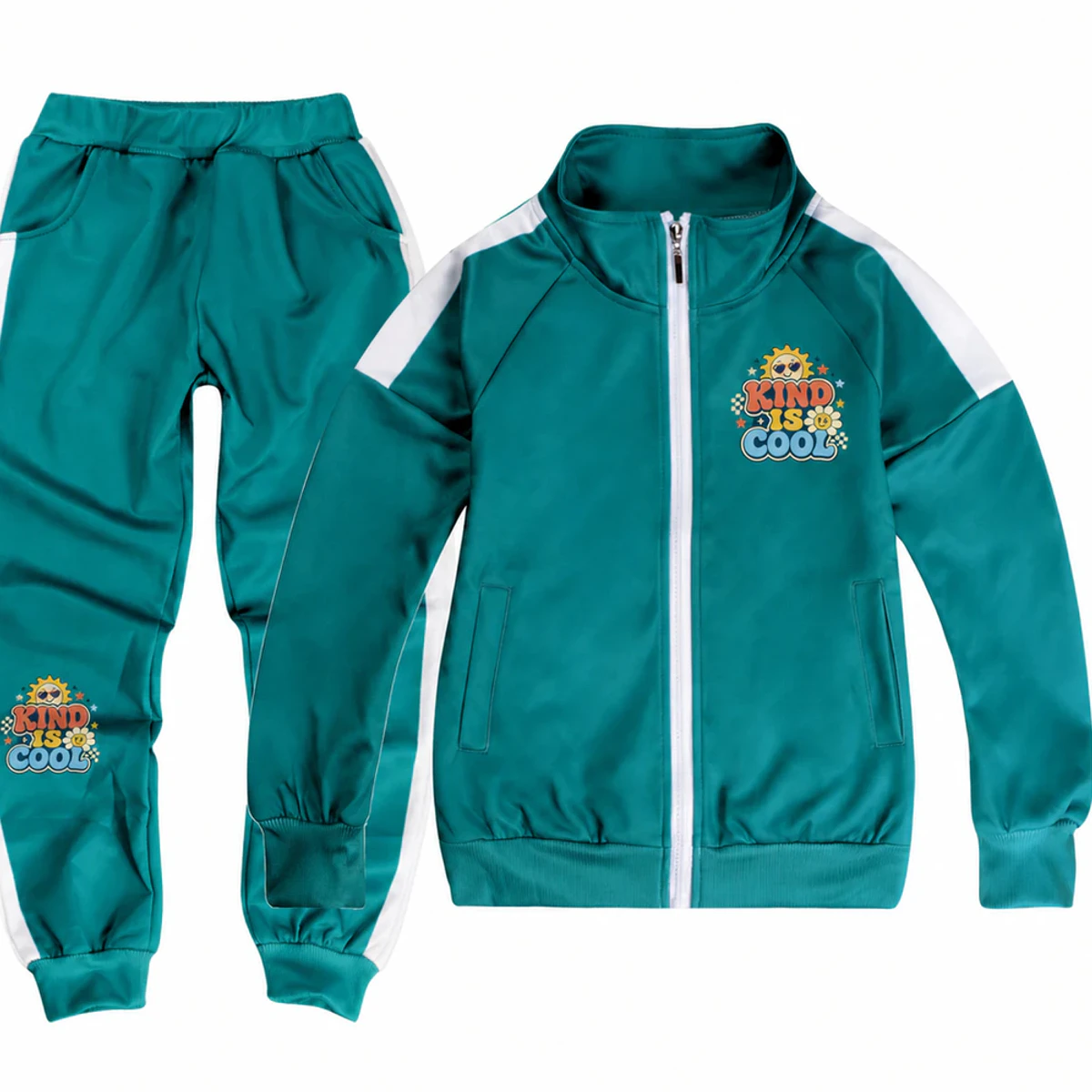 Kind Is Cool Custom Kids Color-Block Jacket and Pants Set AI-rendered from the exact blank product, showing integrated print and fabric detail