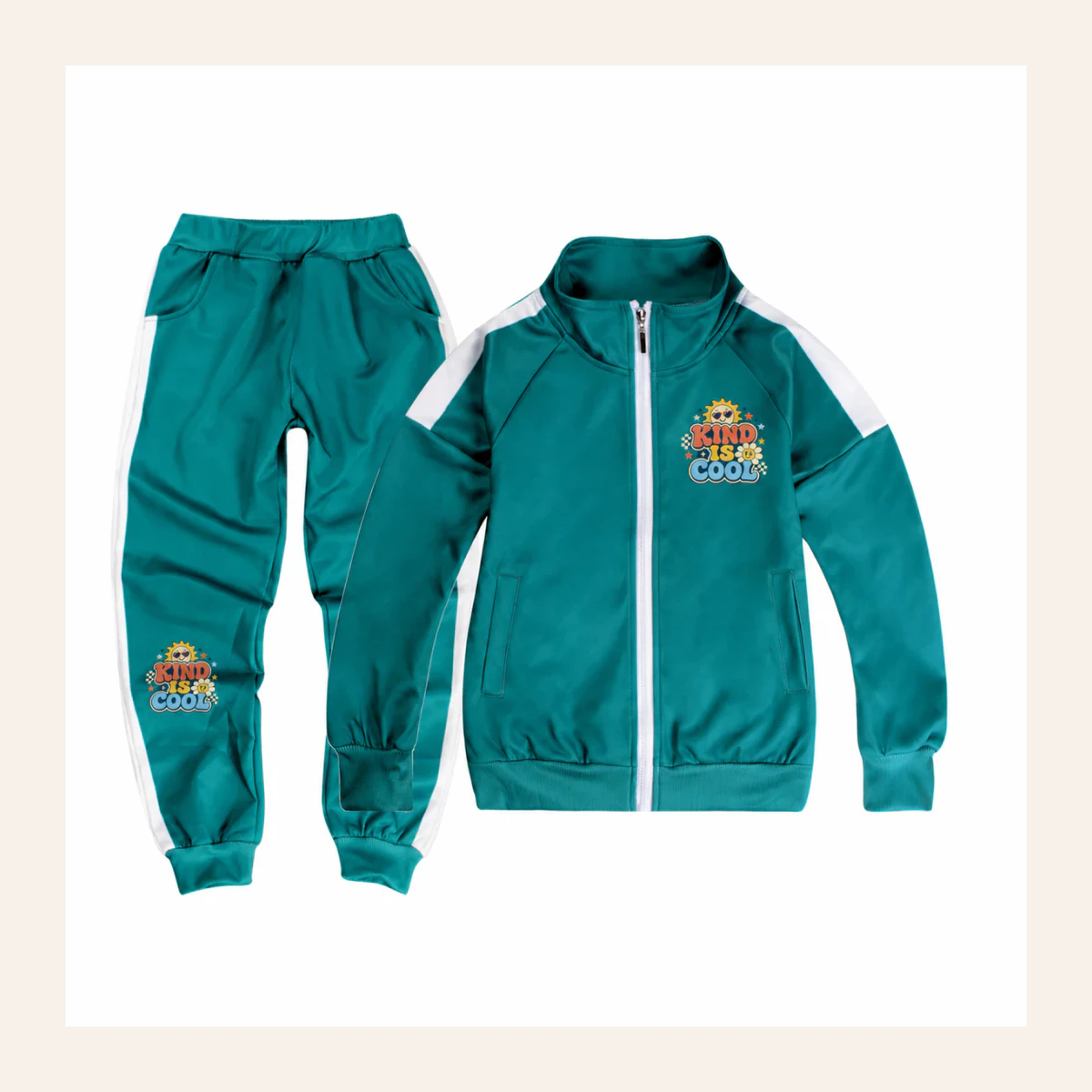 Kind Is Cool Custom Kids Color-Block Jacket and Pants Set AI-rendered from the exact blank product, shown in an alternate clean ecommerce presentation