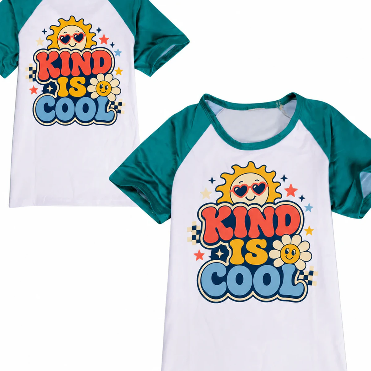 Kind Is Cool Custom Kids Color-Block T-Shirt AI-rendered from the exact blank product, showing integrated print and fabric detail