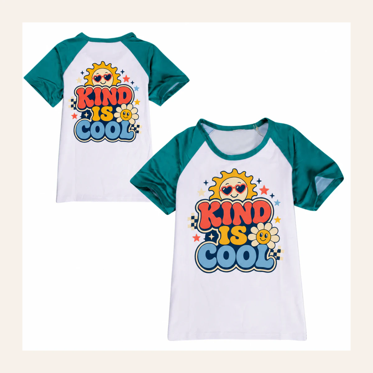 Kind Is Cool Custom Kids Color-Block T-Shirt AI-rendered from the exact blank product, shown in an alternate clean ecommerce presentation