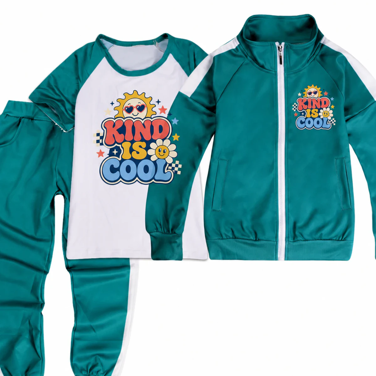 Kind Is Cool Custom Kids Color-Block Three-Piece Tracksuit Set AI-rendered from the exact blank product, showing integrated print and fabric detail