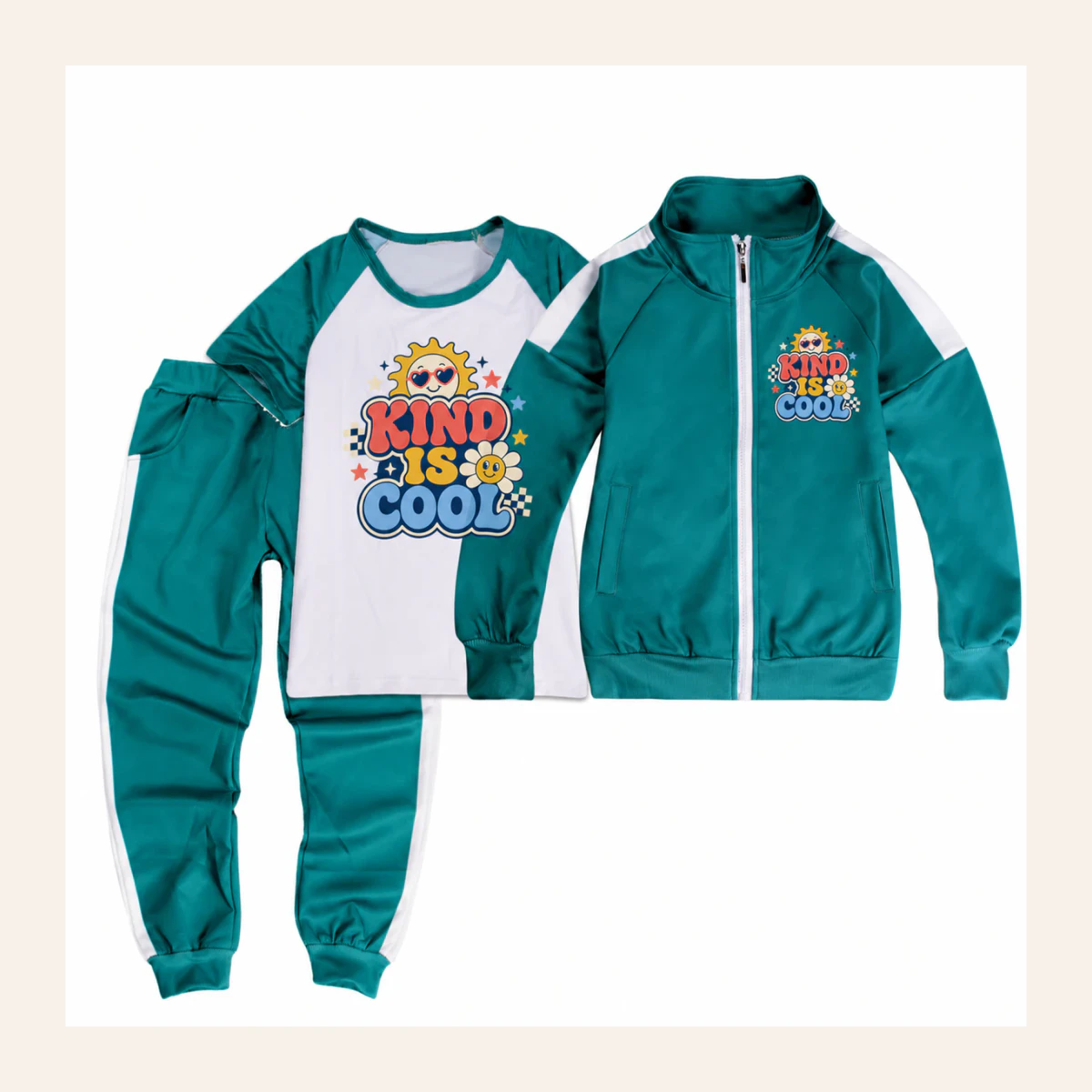 Kind Is Cool Custom Kids Color-Block Three-Piece Tracksuit Set AI-rendered from the exact blank product, shown in an alternate clean ecommerce presentation