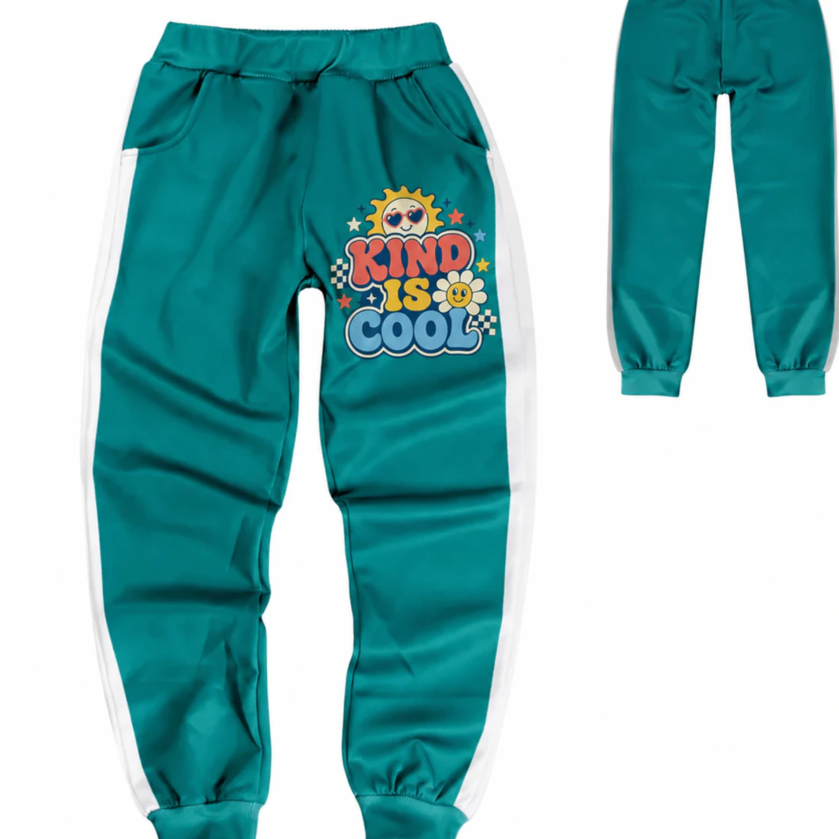 Kind Is Cool Custom Kids Color-Block Tracksuit Pants AI-rendered from the exact blank product, showing integrated print and fabric detail