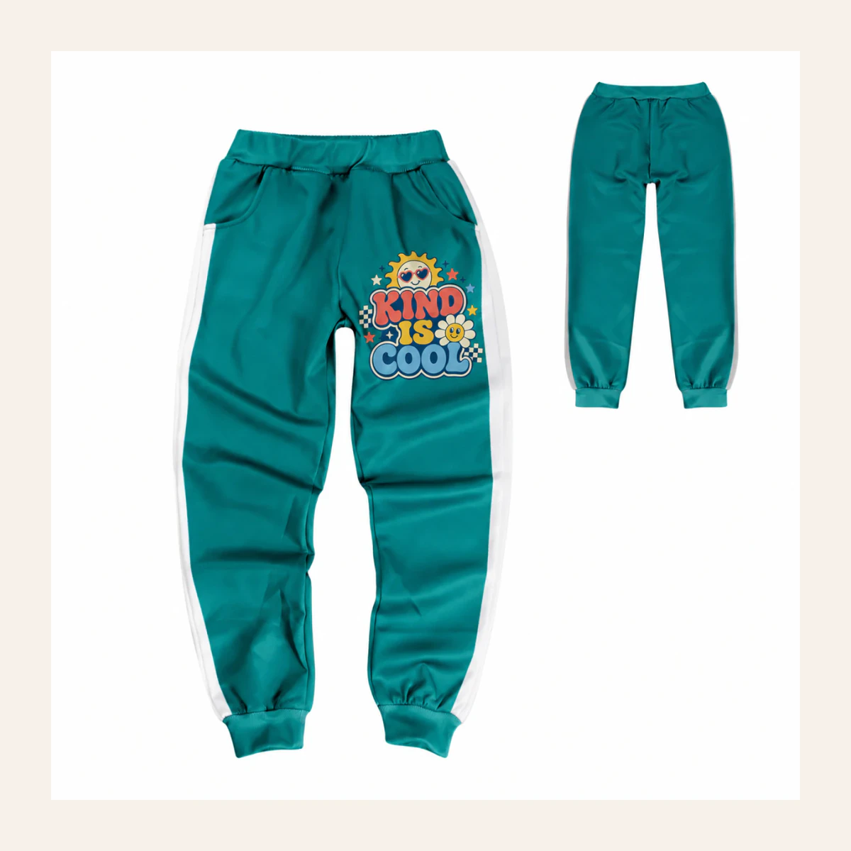 Kind Is Cool Custom Kids Color-Block Tracksuit Pants AI-rendered from the exact blank product, shown in an alternate clean ecommerce presentation