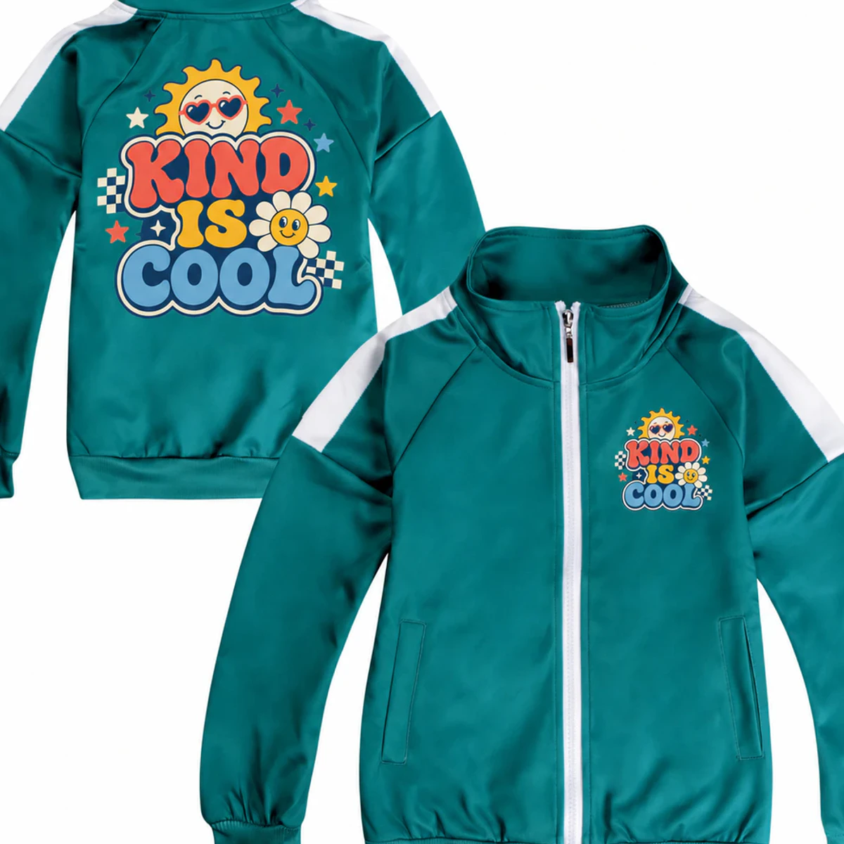 Kind Is Cool Custom Kids Color-Block Zip Jacket AI-rendered from the exact blank product, showing integrated print and fabric detail