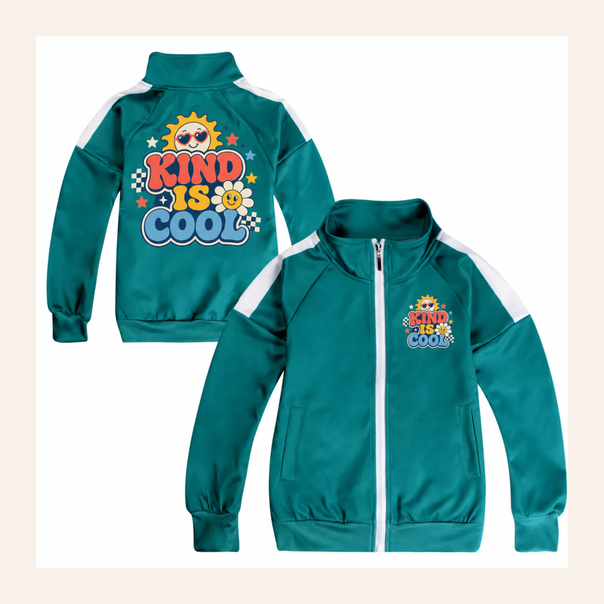Kind Is Cool Custom Kids Color-Block Zip Jacket AI-rendered from the exact blank product, shown in an alternate clean ecommerce presentation