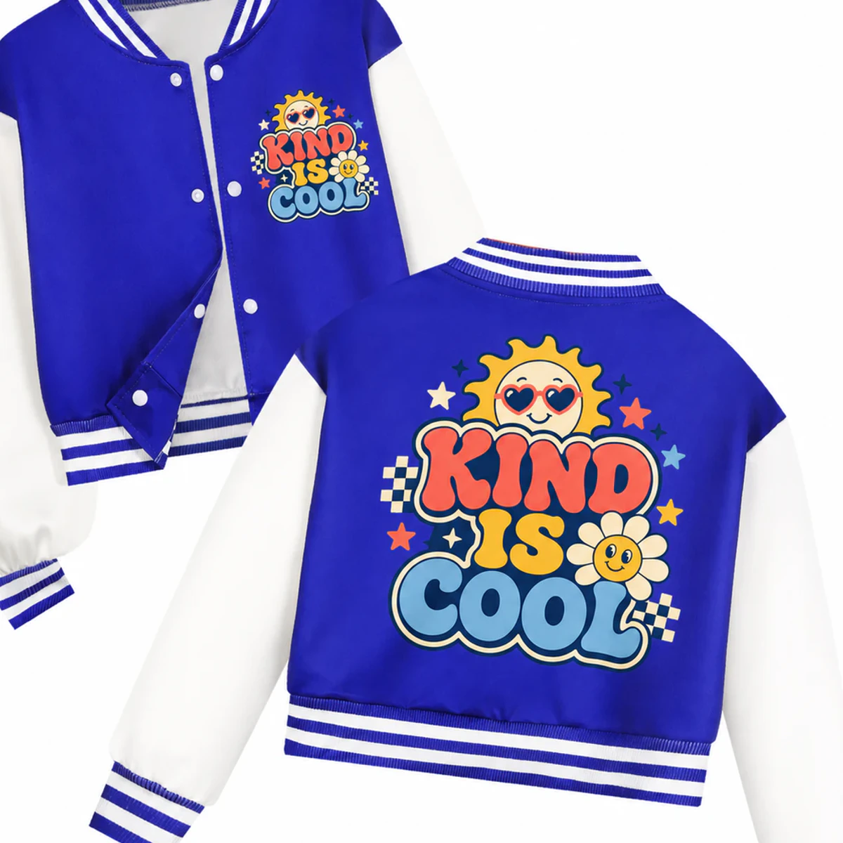 Kind Is Cool Custom Kids Cropped Baseball Jacket AI-rendered from the exact blank product, showing integrated print and fabric detail