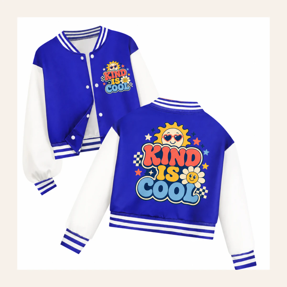 Kind Is Cool Custom Kids Cropped Baseball Jacket AI-rendered from the exact blank product, shown in an alternate clean ecommerce presentation