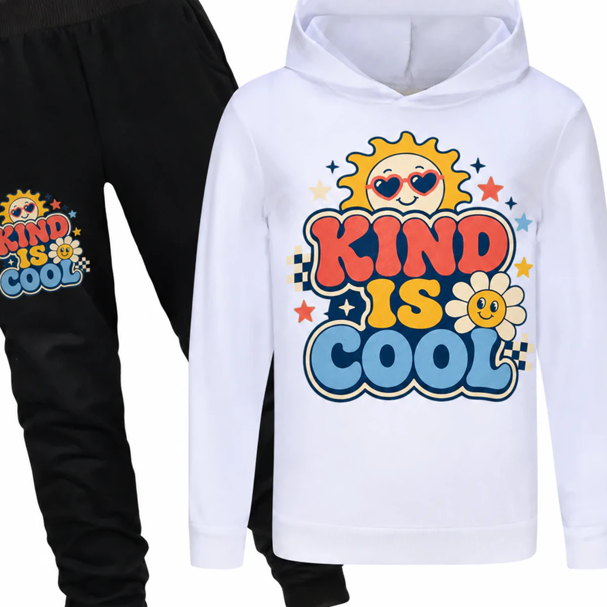 Kind Is Cool Custom Kids Hoodie and Jogger Set AI-rendered from the exact blank product, showing integrated print and fabric detail