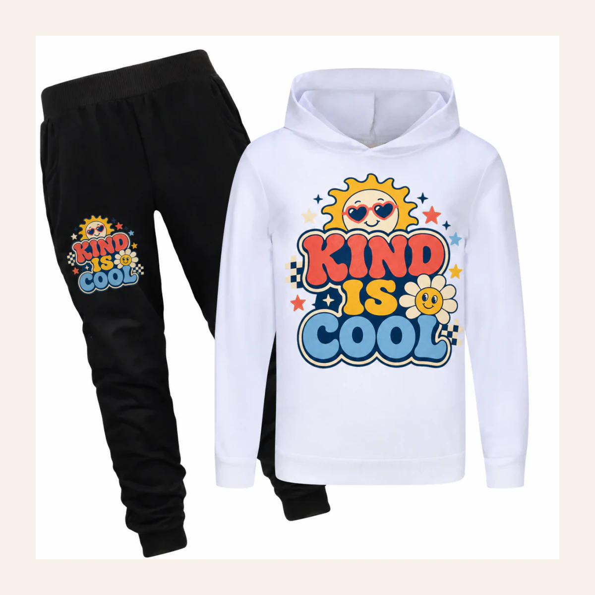 Kind Is Cool Custom Kids Hoodie and Jogger Set AI-rendered from the exact blank product, shown in an alternate clean ecommerce presentation