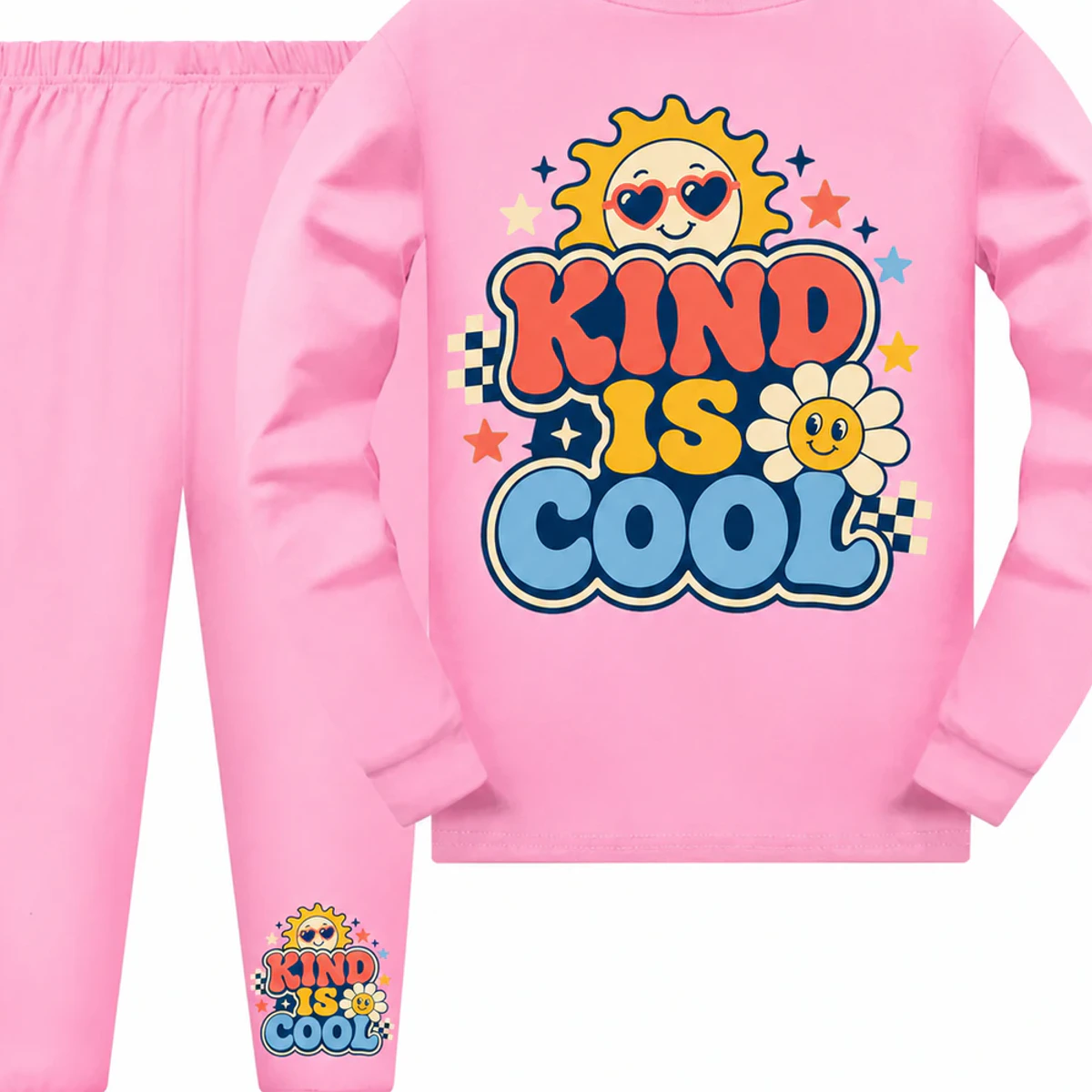 Kind Is Cool Custom Kids Long Pajama Set AI-rendered from the exact blank product, showing integrated print and fabric detail