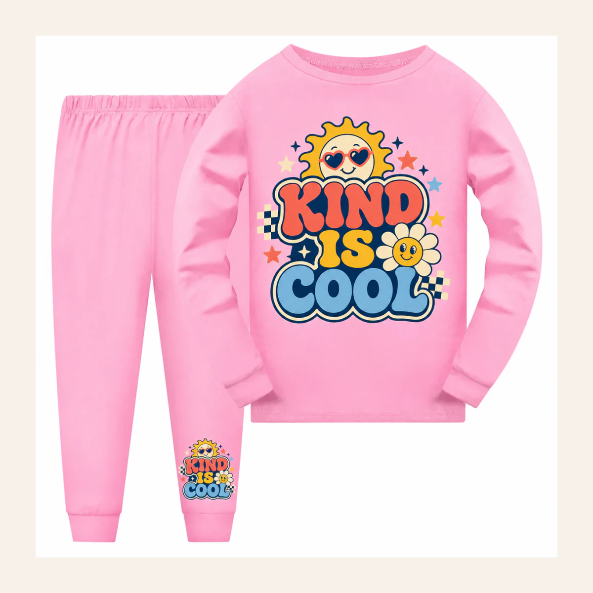 Kind Is Cool Custom Kids Long Pajama Set AI-rendered from the exact blank product, shown in an alternate clean ecommerce presentation