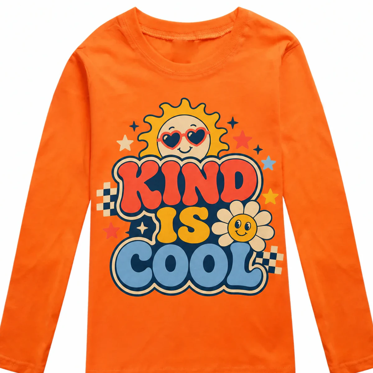Kind Is Cool Custom Kids Long-Sleeve T-Shirt AI-rendered from the exact blank product, showing integrated print and fabric detail